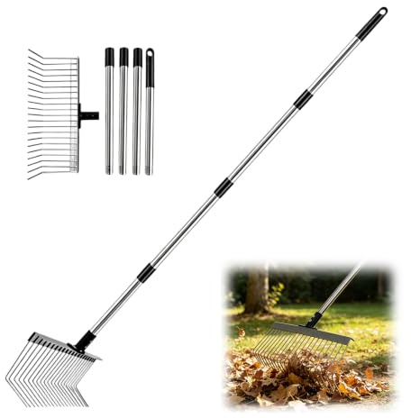Räfsa trädgård, trädgårdsräka, lövkvast metall med 160 cm rostfritt stål stjälk, solkvast metall, långt handtag lövsamlare, trädgårdsräka för löv, gård, gräsmatta, blomsterrabatter