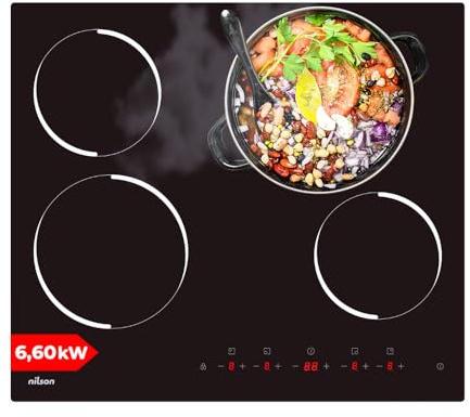 Nilson Svart glaskeramikhäll, NV4600, max 6 600 W, 4 kokzoner, 9 matlagningsnivåer, pekkontroll, låsning och självfrånkoppling av säkerhet, diameter 16–20 cm