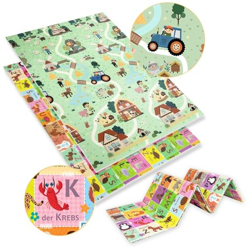 HUMBI Alfombra de juego 120 x 180 cm con alfabeto alemán para niños, doble cara, plegable, grande, diseño de granja, pueblo/letras, ideal como regalo