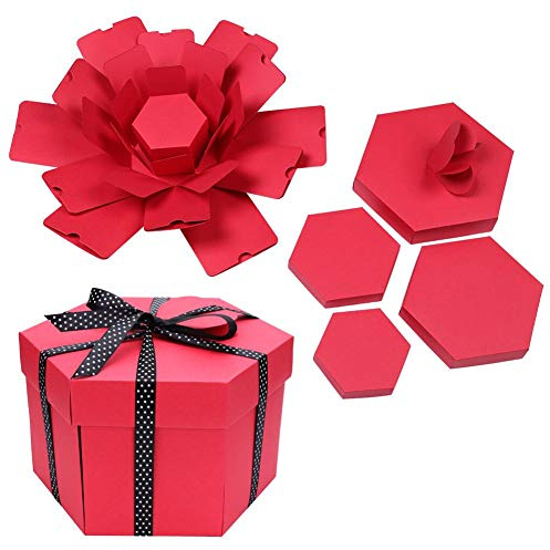 Prosperveil Explosionsbox DIY Scrapbooking Fotoalbum handgefertigte Geschenkbox Überraschung Explosion Box für Geburtstag Valentinstag Jahrestag Hochzeit Weihnachten (rot)