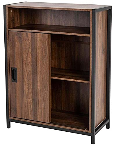 BAKAJI Mueble de Armario bajo, estantería de diseño Moderno, aparador Industrial de Estructura de Acero y Madera MDF con 2 Puertas correderas y 2 estantes Interiores 64 x 30 x 81 cm (marrón)