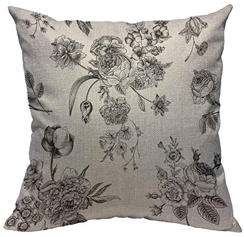 Kissenbezug im Vintage-Stil mit viktorianischem Blumenstrauß aus schwarzen Blumen auf weißen Gartenrosen, Tulpen, Rittersporn, Petunie, Baumwollleinen, dekorativer quadratischer Kissenbezug, 45,7 x cm