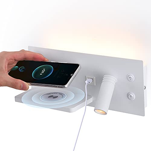 Puhui LED Innen Wandleuchte mit Schalter, inkl. Qi Wireless Charger & USB-Ladeanschluss (2.1A), 3W Leselampe Drehbar, Wandlampe bettlampe für Lesen Hotel Schlafzimmer Arbeitszimmer Büro (Weiß-Linke)