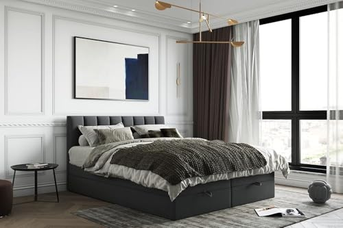 TRADA Boxspringbett mit Bettkästen und Matratze - Bett Gusto mit Topper aus Memory Visco - Dunkelgrau - 160 x 200 cm