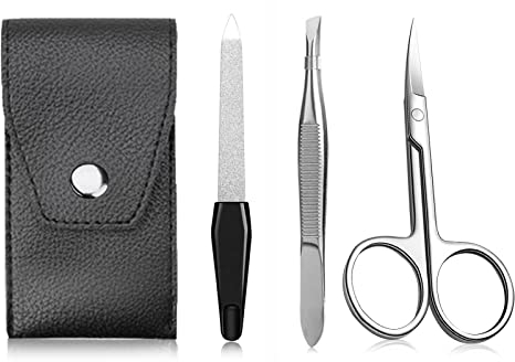 3 pcs Manicura Pedicura Set, Inoxidable Lima, tijeras y pinza de acero Kit, Set Uñas Acero Grooming Kit con estuche de cuero para hombres y mujeres