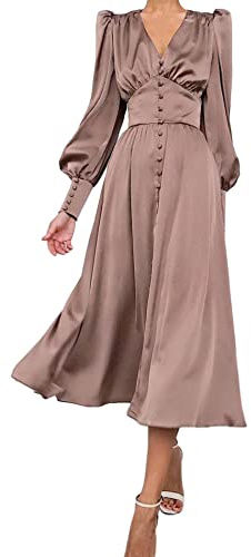 xxxiticat Abito da donna a maniche lunghe, in raso, a maniche lunghe, con bottoni, con volant, stile vintage, maniche a sbuffo, marrone, XS