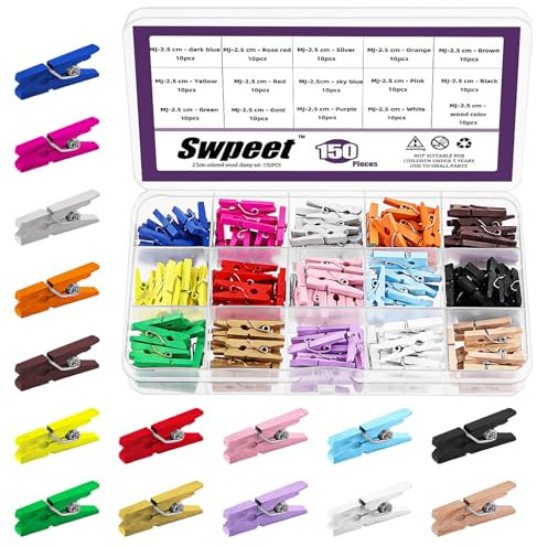 Swpeet Mini-Wäscheklammern aus natürlichem Holz mit starken Federn, rostbeständig, für Klassenzimmer, Fotos, Basteln, dekorative kleine Karten, 150 Stück, 15 Farben, 2,5 cm