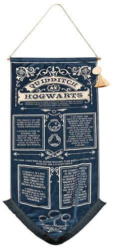 Warner Bros Harry Potter Alumni Hanging Banner – Quidditch Rules Wall Décor with Gold Embellishments, Tassel & Hogwarts Seal – Blue Fabric Wall Hanging for Wizarding Fans, Bedroom or Game Room Display