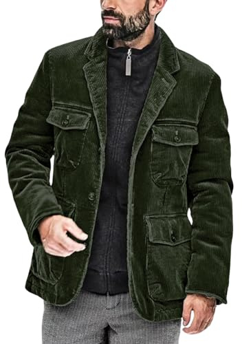 chouyatou Men's Vintage Corduroy Notched Lapel Button Down Business Blazer Jacket Sport Coat (Medium, Army Green)