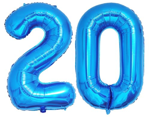 Ponmoo 40 inches Foil Balloons Numbers 20 Blue (101cm), Inflatable Helium or Air, Giant Balloon Number 0-9, 10-29, 30-100, Grand Balloons for Anniversary Wedding Birthday Party Decoration