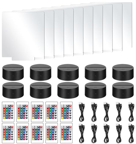 10 Sets Acrylic LED Night Light, 3D DIY LED Light Lamp Base,16 Colors 4 Modes LE D Light-Up Base with 10 Remote Control and 10 USB Cable, Decorative Lights for Bedroom Child Room Living Room Bar