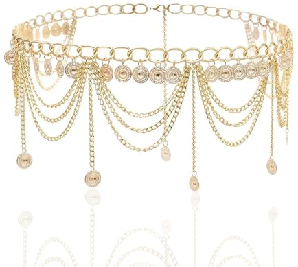 SCDZY Taillenkette Damen GoldBauchkette Gold Metall Kettengürtel Mehrschichtig Bauchkette Ketten Gürtel mit Quastenanhänger, 70 cm + Verlängerungskette 30 cm