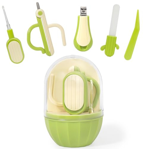 Soltdsp 5-in-1 Baby Nail Kit with Storage Case, Cactus Theme Design Including Baby Nail Clippers, Nail Scissors, Nail File, Tweezers & Nose Picker, Newborn Essentials Must Haves for Baby Shower(Green)