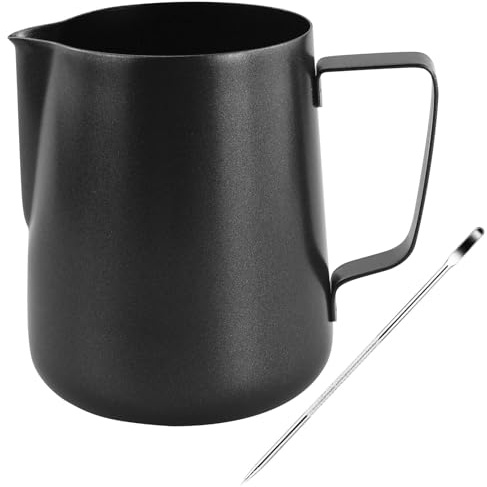 600ml/20oz Teflon-Coated Milk Frothing Pitcher with Latte Pen, 304 Stainless Steel Milk Frother Jug, Espresso Steaming Pitcher, Barista Accessories for Coffee Machine, Cappuccino Art Cup (Black)