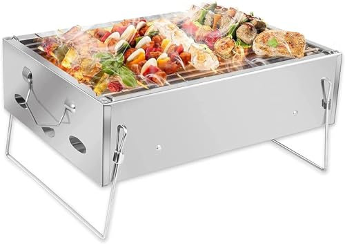CVNIMV Grill extérieur Petit Barbecue à Charbon de Bois, Gril Pliant Portable en Acier Inoxydable avec Pinces à Filet, fumoir de Table de Bureau, pour 2 à 5 Personnes, 36 x 26 x 17 cm pou