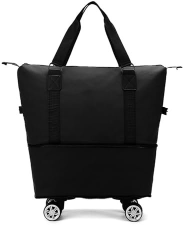 Reisetasche mit Rollen, Faltbare Reisetasche mit großer Kapazität, Wochenendtasche mit Abnehmbar Rollen, Große Handtasche mit Nass- und Trockentrennbeutel für Sport, Fitness und Reisen (Schwarz)