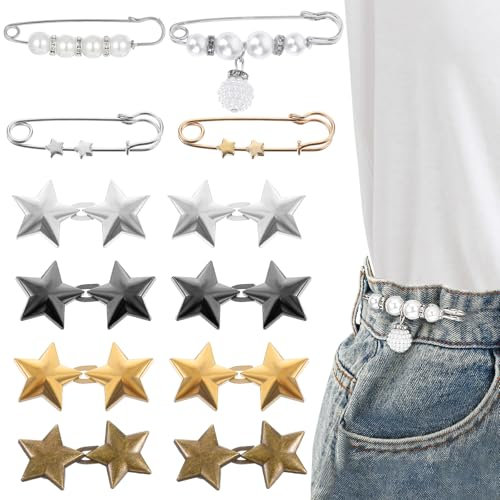 Oruola 12 Sets Hosen Enger Machen Clip,Einstellbar Hose Enger Machen,Hosenverkleinerung,Stern Jeansknöpfe für Lose Jeans,Hosenbundstraffer für Kleidung,Kleider,Röcke