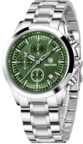 BENYAR Uhren Herren Analog Quarz Chronograph Herrenuhren 50M Wasserdicht Leuchtende Datum Armbanduhr Lässig Business Uhren Klassische Elegantes Geschenke für Herren (5210 Silber Grün)
