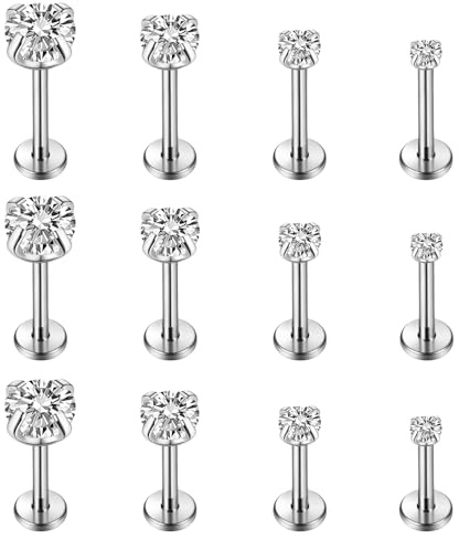 Bryndo 12 Pairs Tragus Studs Body Piercing Jewelry, Lip Studs Nose Studs Ear Earrings 6 to 10mm Hypoallergenic for Helix Nose and Cartilage Piercing(Silver)