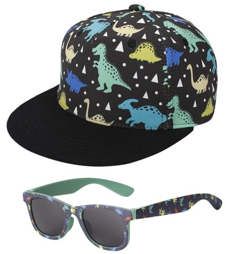HTTDSLF Gorra de Béisbol para Niños, Gorra Niño y Gafas de Sol Proteccion UV, Dinosaurio Ajustable Gorra, para 2 a 4 Años Niños Regalos