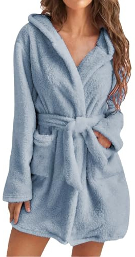 Womens Fleece Dressing Gown - Hooded Fleece Bathrobe Lightweight Soft Sleepwear Comfortable Fluffy Dressing Gowns for Women Nightwear with Pockets Blue