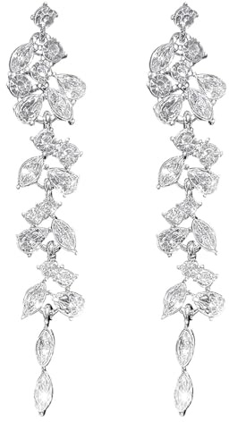Tabanzhe Silver Diamond Dangle Earrings for Women,Long Crystal Tassel Drop Earrings with Rhinestone Leaf Design,Sparkly Chandelier Earrings for Bridal Wedding Party,Gifts for Ladies & Girls Jewelry