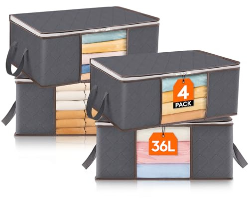Lifewit Scatole per Vestiti, Scatole per Armadio, Contenitori Sottoletto, Contenitori per Armadio Salvaspazio per Indumenti, Coperte, Biancheria da Letto, Grigio, 36 L, 4 Pezzi
