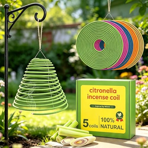 Spirali di incenso alla citronella, 5 spirali, incenso alla citronella da appendere per esterni, durata 240 ore, bastoncini di incenso a spirale grandi per patio, giardino, campeggio, orto