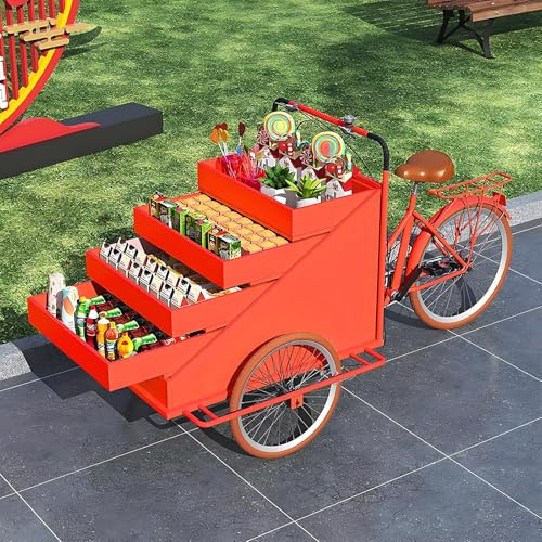 Mobil mattrehjuling varuautomat med 4-lagers displayställ, lastcykel trehjuling för snacks och drycker, 3-hjuls matlastbil för utomhusevenemang