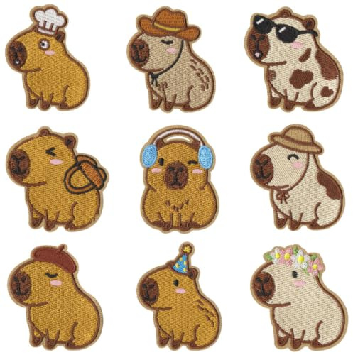 Dermalyx 9 stycken Capybara-lappar för strykning, bedårande broderade lappar för kläder, denimjackor, ryggsäckar, väskor, gör-det-själv-set med stryklappar för barn