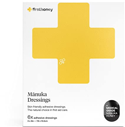 First Honey Manuka Honey Adhesive Bandages 6 Pack | Latex Free, Antibiotic Free Wound Dressing | Medical Grade Honey Adhesive Pads | First Aid Care Burns, Cuts, Scrapes, Wounds, Lacerations