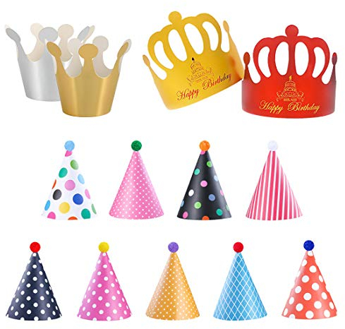 HONGECB Partyhüte, Geburtstag Dekoration Set, 9 Kegel Hüte mit Pom Poms, 2 Kleine Kronen, 2 Besondere große Kronen, Geeignet für Familienfeiern für Kinder und Erwachsene, 13PCS