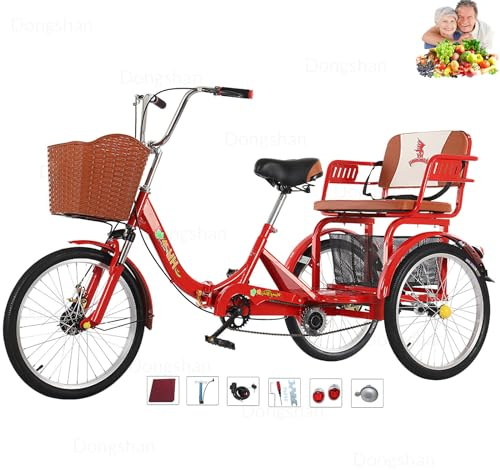Tricycle Adult Folding Bicycle Comfortable seat 3 Wheel Bicycle Rear Enlarged Vegetable Basket Double Chain 20inch Shock Absorber Front Fork for Parents and Children Maximum Load 440lbs (Red)