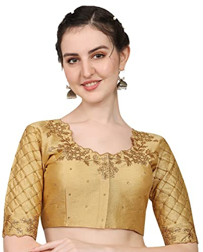 Pujia Mills women's embroidery handwork, rough cut work stone work readymade blouse, Gold, 38