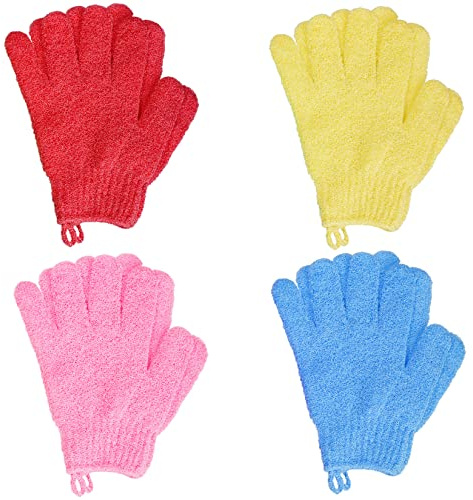 4 Pairs Bath Exfoliating Gloves Scrub, Double Sided Bath Mitts Scrubs for Shower, Exfoliating Shower Mitt Body Scrubber Glove, Bathing Accessories for Bath, Spa, Massage(Yellow, Red, Pink, Light Blue)