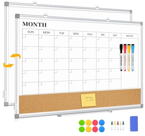 QUEENLINK Magnetic Whiteboard Monthly Calendar Double-Sided White Board Calendar for Wall, 45×60cm Dry Erase Aluminum Frame White Board Cork Board Combo, Memo Board for Office, Home, School, Kitchen