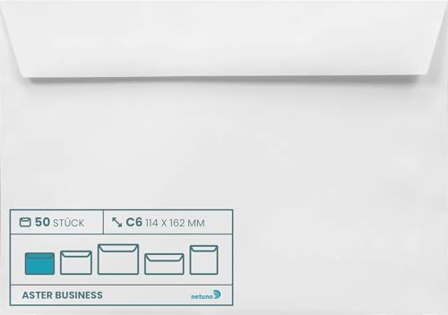 Netuno 50 Umschläge Weiß DIN C6 114 x 162 mm 120g Aster Business Briefumschläge ohne Fenster C6 haftklebend Geschäftsumschläge Premium Papier Umschläge c6 weiß Briefkuverts weiße Briefhüllen elegant