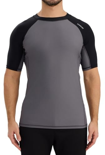 SURFEASY Men's Short Sleeve Rash Vest Swim Shirt, UPF 50+ Sun Protection Quick Dry Rashguard (Grey/Black,2XL)