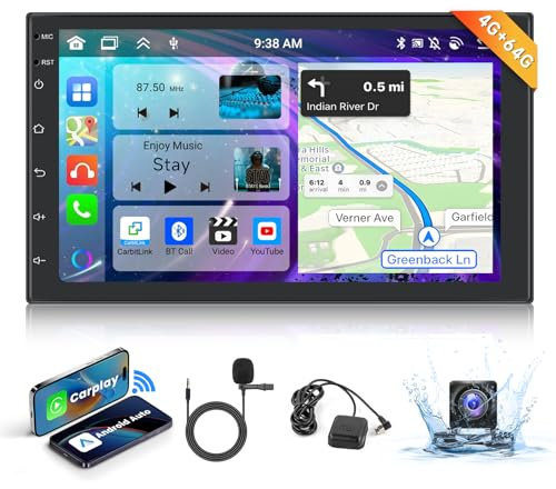 【4+64G】Podofo 8-Core Android 13 Autoradio 2 Din Bluetooth con schermo 7 Carplay&Android Auto, Autoradio con Navi GPS WiFi AHD telecamera posteriore/MIC HiFi FM/RDS DVR