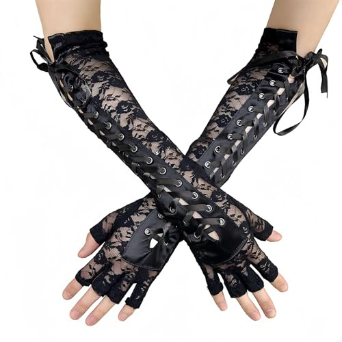 Anseom Lace Up Steampunk Fingerless Bridal Lace Gloves - Black, 38 cm - Halloween, Wedding, Prom, Cosplay, Party