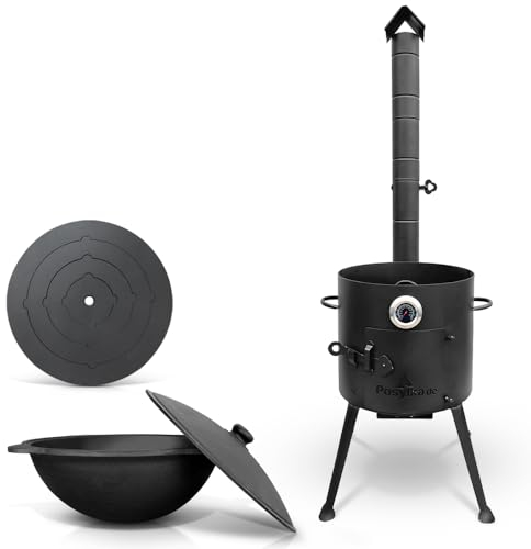 Horno de fuego de 36 cm de diámetro con termómetro y placa de cocina, 4 anillas, 40 cm, hierro fundido, base redonda con tapa de 36,7 cm (10 L), KazanoFF, Учаг, Kazan, Gulash Cañón (08602360)