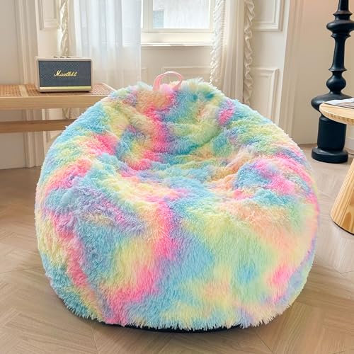 XeGe Faux Fur Comfy Bean Bag Cover for Living Room(No Filler), Tie Dye Fluffy Stuffed Animal Storage Bean Bag Chair Cover, Furry Fuzzy Big Beanbag Cover for Adult Teen Kid Girl, Anti-slip, Rainbow
