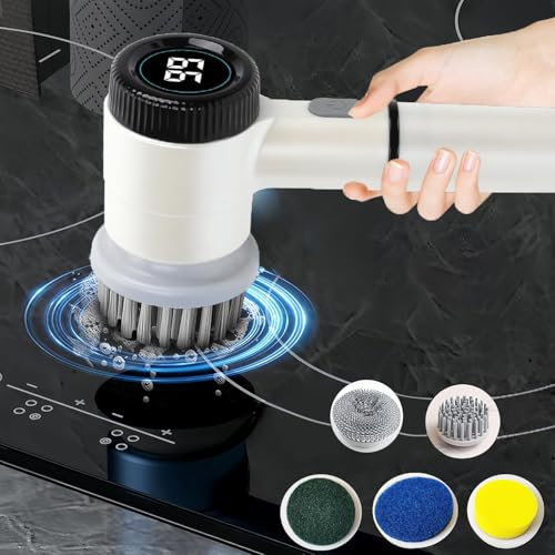Elektrische Reinigungsbürste,Spin Scrubber für Bad und Fugen,Fugenreiniger Elektrisch für Haushalt mit 5 Bürstenkopfe,Fugenreiniger Bad,Spin Scrubber Led Anzeige,Heizungsbürste