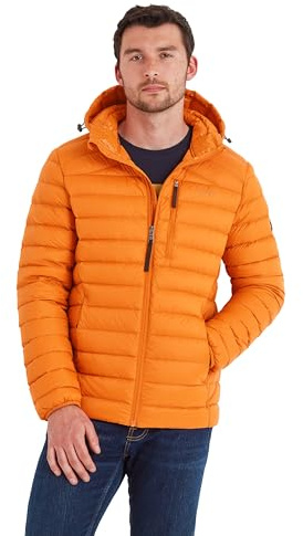 TOG24 North RDS certifierad dunjacka med huva för män ultravarm 90 % ankdun överlägsen isoleringskappa med justerare på huvan packas bekvämt i bröstfickan och fungerar som resekudde, Mörk orange, M