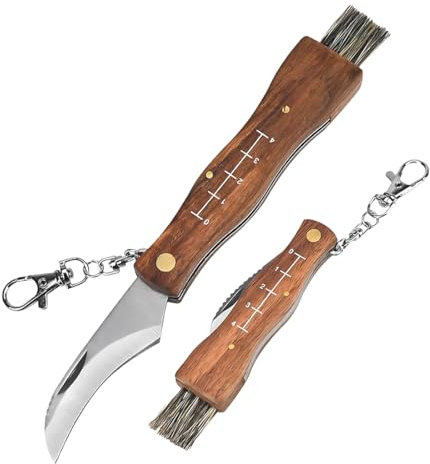 VYIBPDY pilzmesser pilzbürste pilzmesser mit bürste Klinge klappbar aus rostfreiem Stahl Holzgriff mit Lineal und Pilzbürste pilzmesser Zum Pilzesammeln im Freien