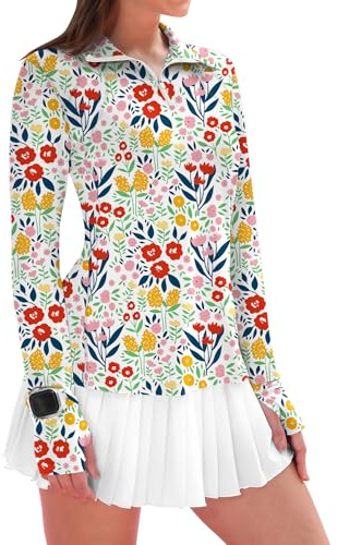 IECCP Womens Hiking Shirts Long Sleeve Collared V Neck Tennis Shirts UPF 50+ Sun Protection 1/4 Zip Pullover with Thumb Hole (Small Floral,XL)