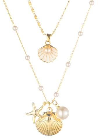 Skal halsband för kvinnor 14k guldpläterade lager sjöstjärna snäcka snäcka snäckskal pärla hänge berlock halsband justerbar rostfritt stål kedja sommar strandsmycken, 50cm, Rostfritt stål, Ingen