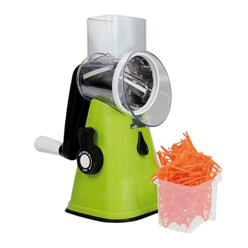 EURI | Cortador de Verduras Manual 3 en 1 Verde | Cortador de Cocina con Manivela, Base Antideslizante en Superficie totalmente lisa NO Porosa| Cuchillas Intercambiables | Cortador, Rallador