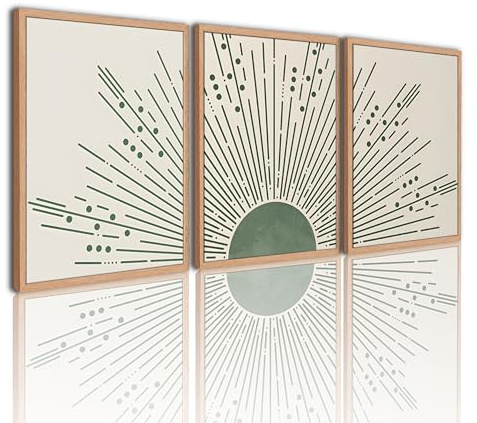 ARTZIO Boho Thick Framed Wall Art Set of 3,Sage green Sun Rising on the Sea Minimalist Canvas Prints Art Decor for Living Room,Modern Sunrise Posters Painting Picture Modern Artwork for Bathroom Bedroom Wall Decor(12x16)