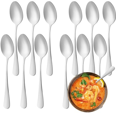 12 Pcs Dinner Spoons Set, Food-Grade Stainless Steel Tablespoons, Durable Metal Table Spoon, Cutlery Soup Spoons Silverware for Home, Kitchen or Restaurant, Mirror Polished, Dishwasher Safe - 7 Inch
